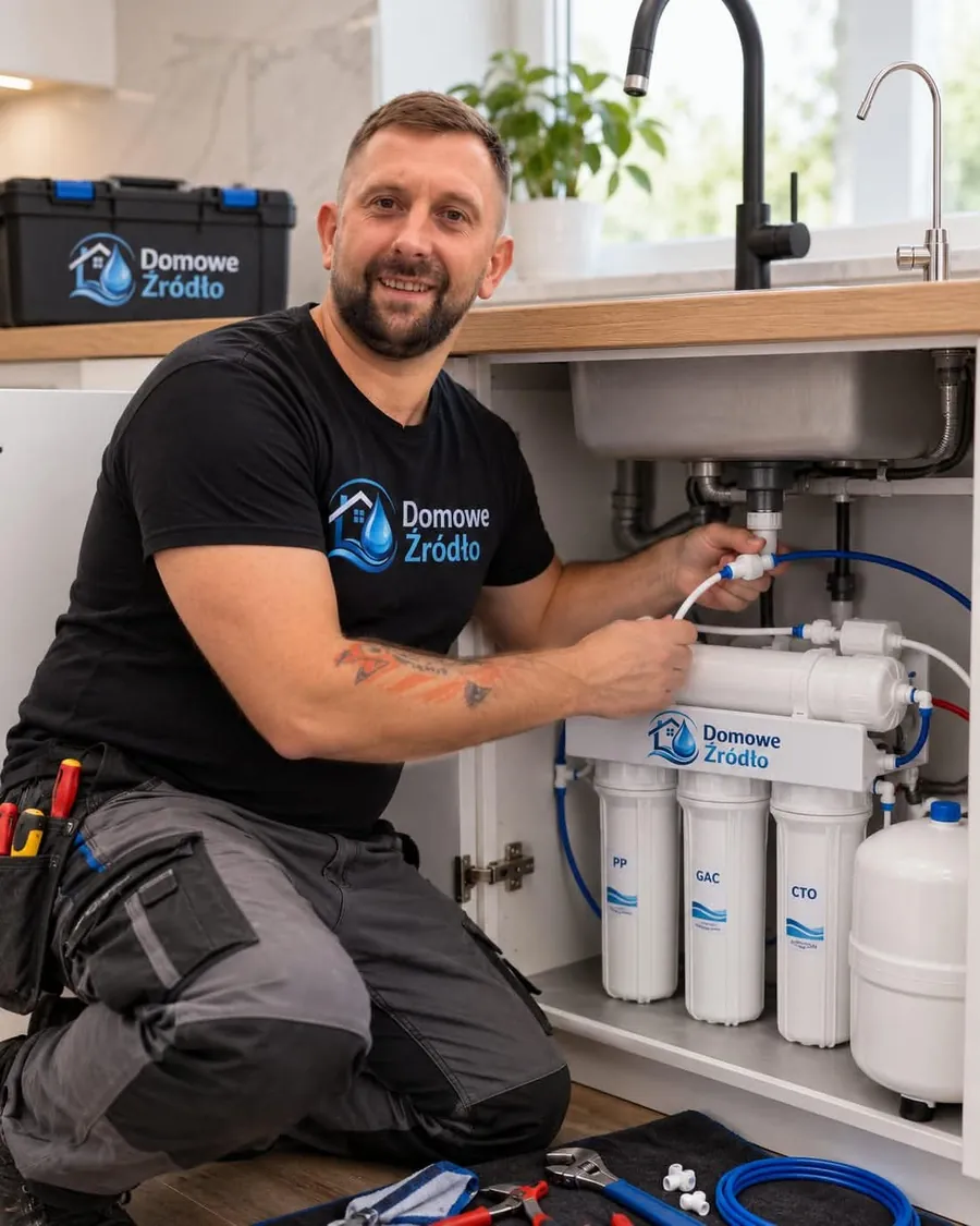 Zbigniew, technik Domowe Źródło, montuje system odwróconej osmozy pod zlewem